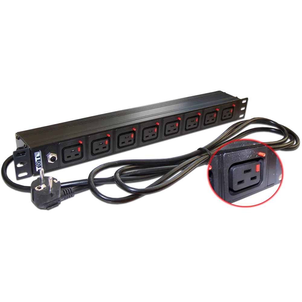 Блок розеток LANMASTER 19" 8 шт. C19 с фиксатором вилки, 16 A/250V, шнур питания 3.0 м